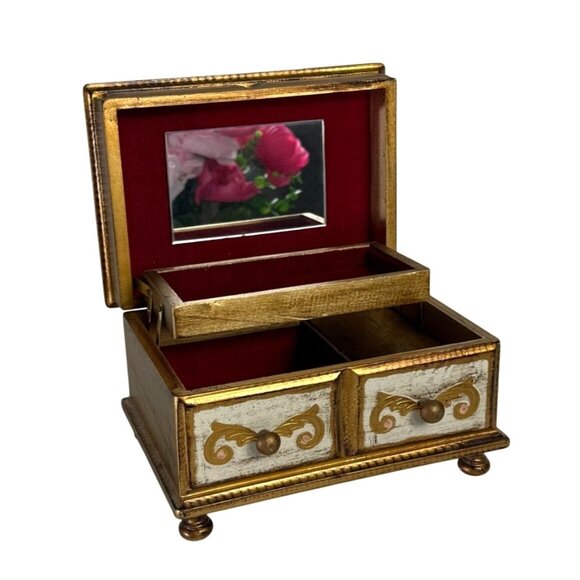 Italian Florentine Jewelry Music Box Gold Gilt Wooden Red Velvet Interior Mirror - Picture 1 of 16
